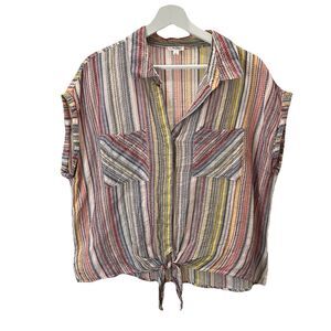 Tea Rose Embroidered Striped Multicolor Textured Button Up Tie Knot Top Womens L